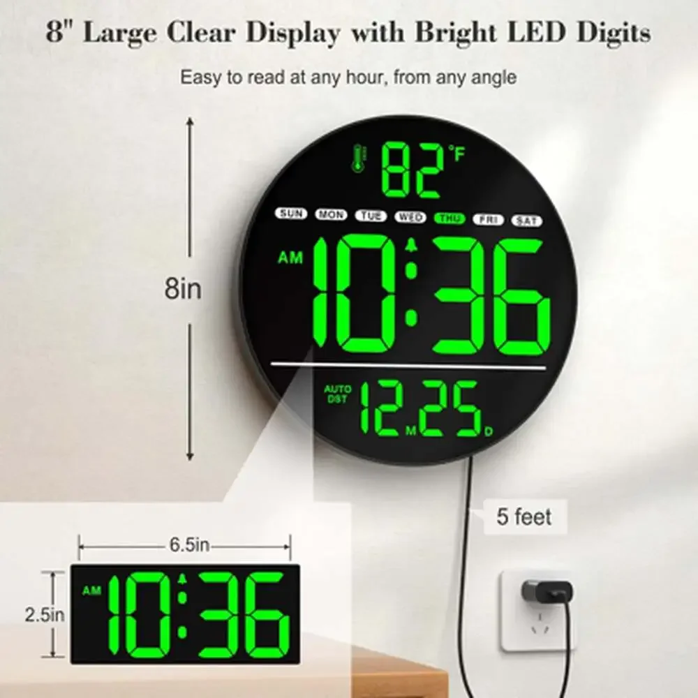 Digital Wall Clock with LED Display, Temperature, Auto Daylight Saving, Date